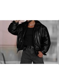 Resim Famoda Erkek Oversize Vintage Siyah Deri Ceket Siyah 
