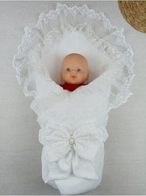 Resim Bebek Dış Kundak Battaniyesi Dantelli Lüks Bebek Kundağı Unisex Hastane Çıkışı Mevlütlük Battaniye Ekru 