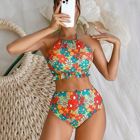 Resim Kadınlar için Baskılı Seksi Bikini Takımı, Bağcıklı Plaj Tatili İki Parçalı Mayo 