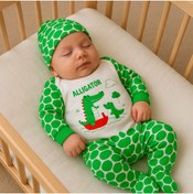 Resim MiniStand Yeşil Renkli Timsah Desenli Bebek Zıbın Seti - %100 Pamuklu 