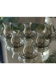 Resim 6 Kişilik Füme Cam Çay Seti Modern Tasarım Çay Bardağı Ve Çay Tabağı Takımı Mor 