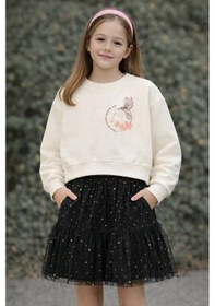 Resim Kız Çocuk Nakış Detaylı Uzun Kollu Sweatshirt Vanilya Renk 5 10 Yaş Beyaz 