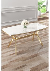 Resim Canisa Lena Serisi 90x160 Lak Panel Beyaz Mermer Desen Gold Kaplama Ayaklı Masa Takımı Ve 4 Gri Sandalye Beyaz Mermer Desen Masa,gri Sandalye 