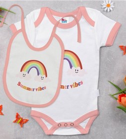 Resim Bk Kids Summer Vibes Tasarımlı Pembe Bebek Body Zıbın Ve Mama Önlüğü Hediye Seti-2 Çok Renkli 