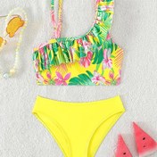 Resim Kadınlar için Tropikal Baskılı Mayo Seti - Canlı Çiçek ve Yaprak Tasarımı, Sarı ve Pembe, Volanlı Detay, Yüksek Esneklikli Polyester ve Spandex, Dolgu Yok, Dar Kesim, Plaj Giyim|Oyuncağı Mayo|Esnek Kumaş 