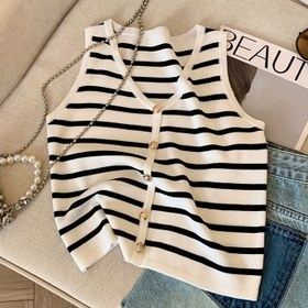Resim Kadınların moda çizgili V-Neck Örgü Yeleği, Ön Düğmelerle - İlkbahar/Yaz için Rahat Kolsuz Üst, Siyah ve Beyaz Renk Bloğu Tasarımı, Katlama veya Standart Kıyafetler için Mükemmel, Kış Giyimi | Çizgili Desen | Örgü Dokusu, Bayanlar Tank Topu 