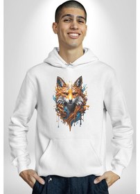 Resim Renkli Sulu Boya Kurt Yapay Zeka Tasarımı Kadın Erkek Beyaz Kapüşonlu Sweatshirt Hoodie Beyaz 