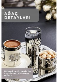 Resim Grimorlife 2 Kişilik Tepsili Gümüş Porselen Ağaç Detaylı Fincan Sunum Seti-söz Nişan Kahve Fincanı Gümüş 