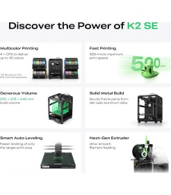 Resim Creality K2 Se 3D Yazıcı, Cfs Çok Renkli Baskıyı Destekler, 500 Mm/sn Yüksek Hızlı Baskı, Otomatik Tesviye, Titreşim Kontrolü, Doğrudan Tahrikli Ekstruder, Yapım Alanı 220 × 215 × 245 mm 