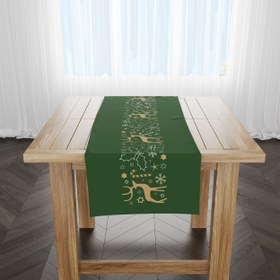 Resim Geyikli ve Yapraklı / Yeşil Yılbaşı Temalı Runner Örtü 