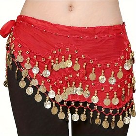 Resim Kırmızı Bel Dansı Kalça Eşarabı Altın Bel Zinciri ile - Müzik Festivalleri, Cadılar Bayramı Performansları & Hint Dans Kostümleri için Mükemmel 
