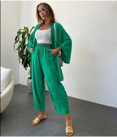 Resim Genel Markalar Gofre Kumaş Kadın Kimono Takım - Yeşil 