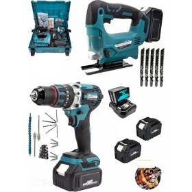 Resim OG Germany Steel 990F Çift Akülü Vidalama Matkap 13 mm Çelik Mandren ve Dekupaj Marangoz Ahşap Süper Set Makineleri 