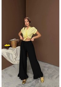 Resim Defymoda Siyah Paçası Fırfırlı Keten Pantolon Siyah 