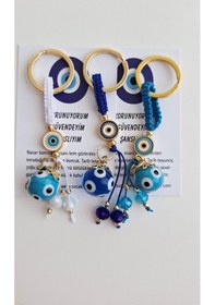 Resim Lüks Hediyelik 3'lü Nazar Boncuklu Şans Anahtarlık 10,5 Cm 