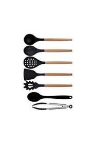 Resim Kitchen Design Lab Siyah Bambu Silikon Kepçe Kaşık Kevgir Makarna Spatula Silikon Kaşık Metal Maşa Seti 