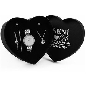 Resim Anneler Gününe Özel Tasarım Kalp Kutu & Kar Tanesi Kolye & İkili Zirkon Taşlı Bileklik & İkili Küpe & Metal Kordon Saat Seti 
