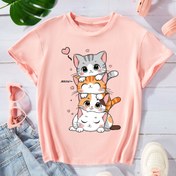 Resim Kızlar için Yığın Küçük Kediler Grafik Tişört, Rahat Polyester Crew Boyun Tişört ile Slight Esneme, Kedi Çizimi Yaz Knit Üst için 12 Yaş ve Altı Çocuklar 