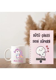 Resim Kişiye Özel Unicorn Tasarımlı Kupa & Sütü Çilekli Seni Sürekli Spiral Ajanda Hediye Seti 