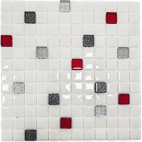 Resim MozaiKristaL Tüm Yüzeyler Için 25X25MM. Beyaz-Siyah Simli-Gümüş Simli-Kırmızı Simli, 31,5X31,5CM. Fileli Cam Mozaik ve Kristal Mozaik Mix. 
