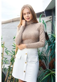 Resim JUMENT Kadın Diz Üstü Yüksek Bel Önü Düğmeli Cep Kapaklı Hafif Likralı Kumaş Çan Etek-krem Krem 