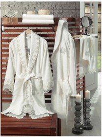 Resim Dantela Love Fransız Güpürlü Bornoz Seti Krem Krem (541550495) Krem 