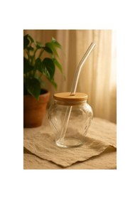 Resim Çilek Model Borosilikat Cam Bardak, Bambu Kapaklı, 400 Ml, Pipet Hediyeli Şeffaf 
