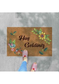 Resim Hoş Geldiniz Yazılır Temalı Kedili Dekoratif Dış Kapı Önü Ve Iç Mekan Paspası Haki Yeşili 