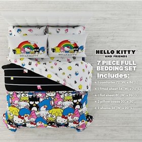 Resim Franco Sanrio Hello Kitty & Friends Nevresim Takımı 7 Parça Süper Yumuşak Yorgan ve Çarşaf Seti, Şamlı, Tam, (%100 Resmi Lisanslı Ürün) Koleksiyon Ürünleri 
