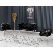 Resim Rozexi Balon Çay Seti Takımı Siyah Koltuk Takımı Oturma Odası Kafe Antre Hol Ofis 2+1+1 Krom Metal 