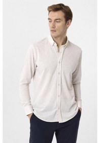 Resim Süvari Ekru Slim Fit Armürlü Düğmeli Yaka Gömlek 