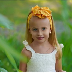 Resim Kız Bebek Çocuk Çiçek Detaylı El Yapımı Yumuşak Esnek Pamuklu Penye Saç Bandı - 0 - 6 Ay / Hardal Hardal 