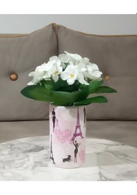 Resim Vazoda Beyaz Yapay Çiçek Dekoratif Kızlı Paris Desenli Vazo Dahil 7 x 7 x 16 CM 