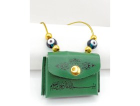 Resim Cam Zümrüt Yeşili Nazarlı Deri Çantalı Mini Kur'an-I Kerim Lastikli Araba Dikiz Ayna Süsü 