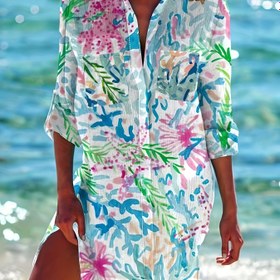 Resim Kadınlar için Tropikal Baskılı Plaj Örtüsü Gömlek - Hafif Polyester, Canlı Çiçek Deseni, Göğüs Cebi ile Uzun Kollu, Tatil & Yaz Gezileri için Mükemmel, Plaj Aksesuarları 