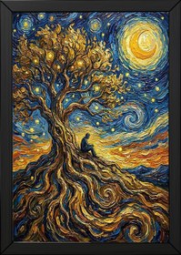 Resim Man in Tree of Life Print - Van Gogh-Style Spiritual Reflection Wall Art - With Hanger - White / 24 x 36" (60x90 cm) 