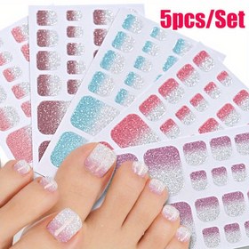 Resim 5 adet Parlayan Glitter Ayak Tırnağı Sticker Seti - Kendinden yapışkanlı, tam kaplama pedikür dekorasyonları, pembe, mavi ve beyaz glitter tasarımları ile tırnak sanatı, tırnak sanatı dekorasyonu için | Glitterli Tırnak Stickerları | Kolay Uygulama Stickerları, Tırnak Dekorasyonları 