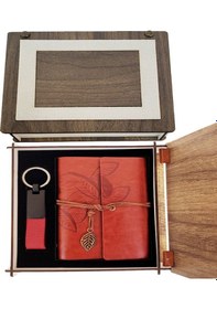 Resim Özel Ahşap Kutulu Kiremit Rengi Deri Defter Ve Anahtarlık Set - 9062379238898rx8 
