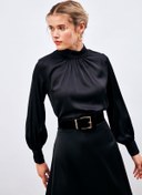 Resim Sateen Yaka Detaylı Saten Bluz - Siyah 