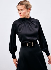 Resim Sateen Yaka Detaylı Saten Bluz - Siyah 