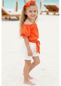 Resim Kız Çocuk Sunny Turuncu Madonna Yaka Şortlu Bandana Alt Üst Takım Tkm-0132.11 Krem - Turuncu 