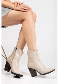 Resim 117 Bej Kovboy Dikiş Detaylı Fermuarlı Yüksek Topuklu Günlük Kadın Bot Acı Kahverengi 