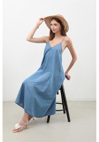 Resim Kadın İnce Askılı Jean Elbise 001 