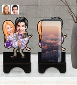 Resim Bk Gift Kişiye Özel Sevgililer Karikatürlü Ahşap Biblo Telefon Standı-56 