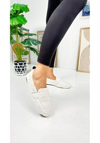 Resim Günlük Kadın Loafer Peluş Astarlı Oval Burunlu Alçak Desenli Tabanlı Ayakkabı 375 Beyaz 