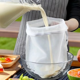 Resim 1 adet Büyük İpli Naylon Filtre Torbası, Soya Sütü Artıkları Filtre Torbası Dayanıklı ve Kolay Temizlenebilir İnce Gözenekli Süzgeç Soya Sütü, Fındık Sütü, Çay, Kahve ve Yoğurt için - Tekrar Kullanılabilir Filtre Torbası 