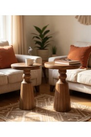 Resim ASELYA HOME Doğal Ahşap 2’li Set Fitilli Mantar Yan Sehpa Modern Fiskos Zigon Çiçeklik 