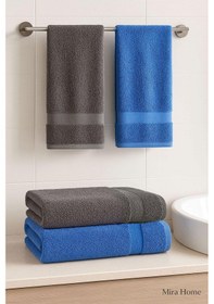 Resim 4 Parça Ekonomik Banyo Havlu Takımı %100 Pamuklu Quickdry Mavi Antrasit 