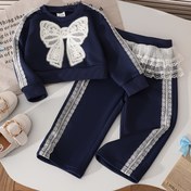 Resim Kızlar İçin Noel Sonbahar-Kış İki Parça Takım: Günlük Moda Fiyonk Nakışlı Üst ve Dantel Pantolon, Seyahat veya Dış Mekan Giyimi İçin Mükemmel, İdeal Tatil Hediyesi, Dış Mekan İçin Mükemmel 