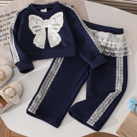 Resim Kızlar İçin Noel Sonbahar-Kış İki Parça Takım: Günlük Moda Fiyonk Nakışlı Üst ve Dantel Pantolon, Seyahat veya Dış Mekan Giyimi İçin Mükemmel, İdeal Tatil Hediyesi, Dış Mekan İçin Mükemmel 